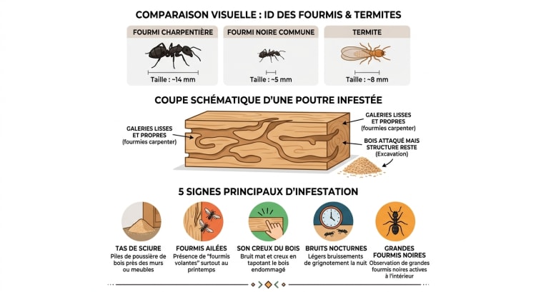 Infographie d'identification des fourmis charpentières : comparatif de taille avec la fourmi noire et le termite, coupe d'une poutre avec galeries, et 5 signes d'infestation à repérer
