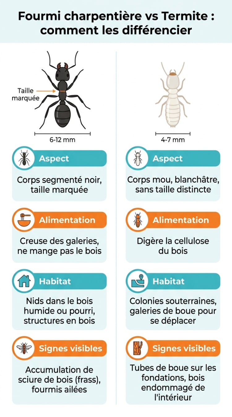 Infographie comparative entre fourmi charpentière et termite : différences physiques, alimentation, habitat et signes d'infestation