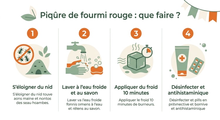 Infographie en 4 étapes expliquant comment réagir après une piqûre de fourmi rouge : s'éloigner, laver, refroidir, désinfecter.