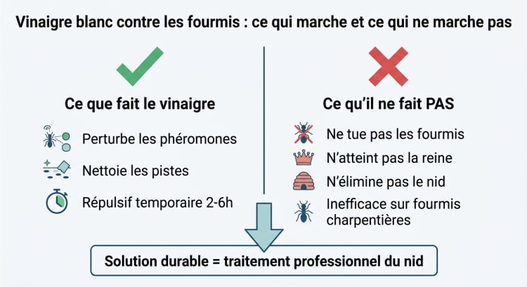 Infographie comparant les effets réels du vinaigre blanc sur les fourmis : ce qu'il fait (perturbe les phéromones, effet temporaire) versus ce qu'il ne fait pas (ne tue pas, n'élimine pas la colonie)