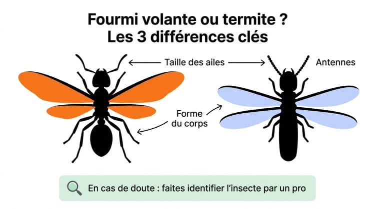 Infographie comparant une fourmi volante et un termite avec leurs trois différences clés : taille des ailes, forme du corps et type d'antennes