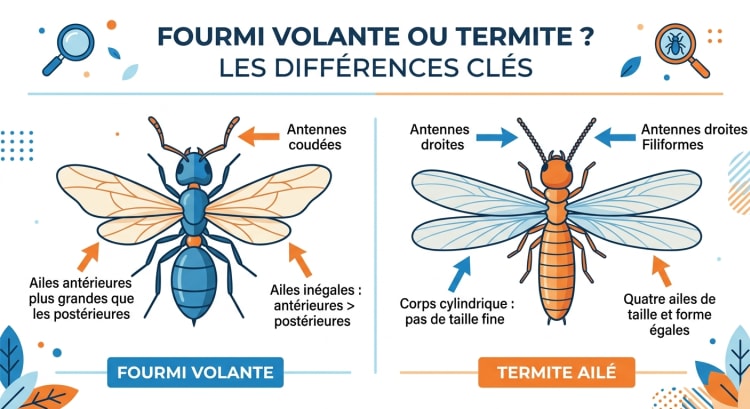 Infographie comparative montrant les différences visuelles entre une fourmi volante et un termite ailé : antennes, taille, forme du corps et ailes