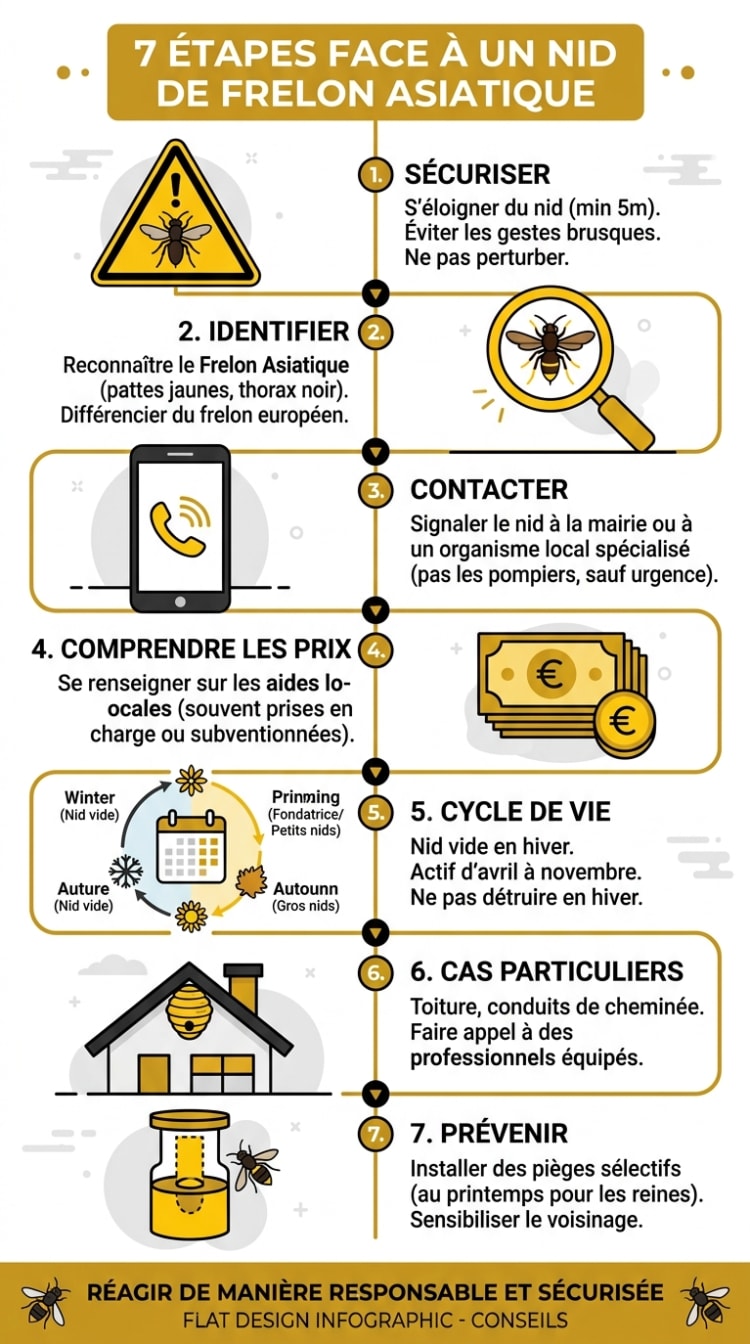 Infographie listant les 7 étapes à suivre face à un nid de frelon asiatique : sécuriser, identifier, contacter, comprendre les prix, cycle de vie, cas particuliers, prévenir