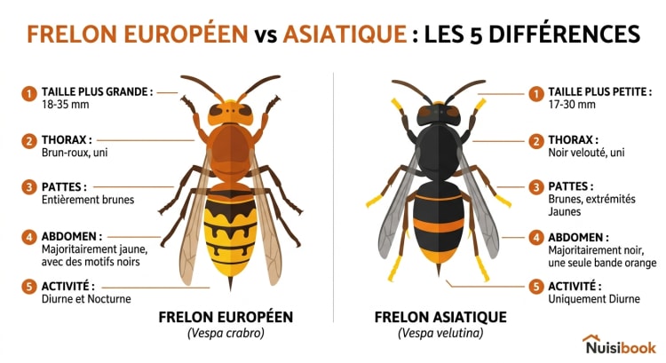 Infographie comparant le frelon européen et le frelon asiatique avec les 5 critères clés d'identification : taille, couleur du thorax, des pattes, de l'abdomen et activité diurne ou nocturne.