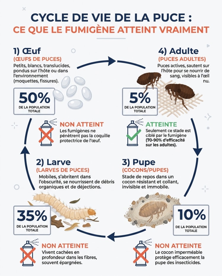 Infographie du cycle de vie de la puce montrant que le fumigène insecticide n'atteint efficacement que 5 % de la population sous forme adulte, laissant intacts œufs, larves et pupes qui représentent 95 % de l'infestation