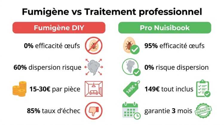 Infographie comparative entre l'usage d'un fumigène anti-punaise de lit en autotraitement (0% d'efficacité sur les œufs, risque de dispersion, 85% de taux d'échec selon la CS3D) et une intervention professionnelle Nuisibook (95% d'efficacité, traitement ciblé sans dispersion, garantie de résultat sur 3 mois dès 149€).