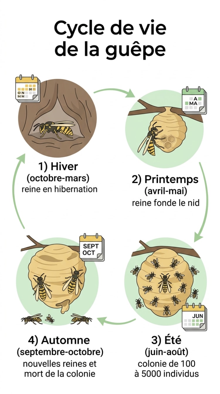 Infographie illustrant les 4 étapes du cycle de vie annuel de la guêpe : hibernation de la reine en hiver, fondation du nid au printemps, développement de la colonie en été et mort à l'automne.