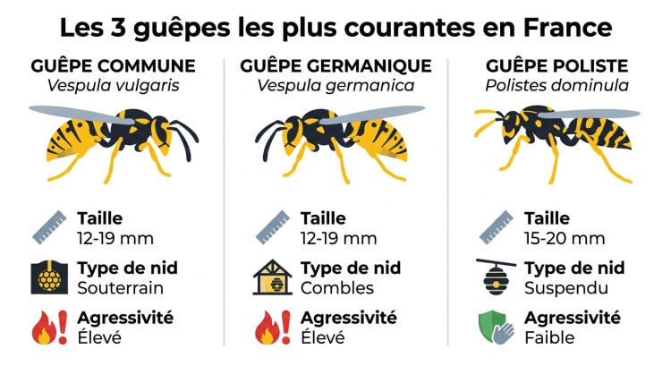 Infographie comparative des trois espèces de guêpes les plus présentes en France : guêpe commune, guêpe germanique et guêpe poliste, avec taille, type de nid et agressivité.