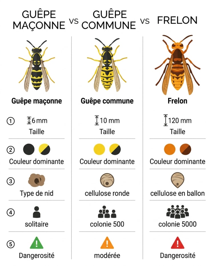 Tableau comparatif visuel entre la guêpe maçonne, la guêpe commune et le frelon européen : taille, couleur, type de nid, vie sociale et dangerosité.