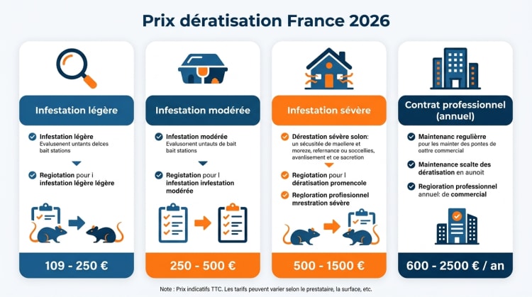 Infographie comparant les 4 niveaux de prix d'une dératisation en France en 2026 : infestation légère 109-250 euros, modérée 250-500 euros, sévère 500-1500 euros, contrat professionnel annuel 600-2500 euros