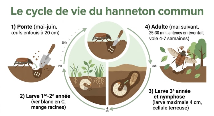 Infographie du cycle de vie du hanneton commun sur 3 à 4 ans, de la ponte à l'adulte, avec les 4 étapes clés et leurs durées