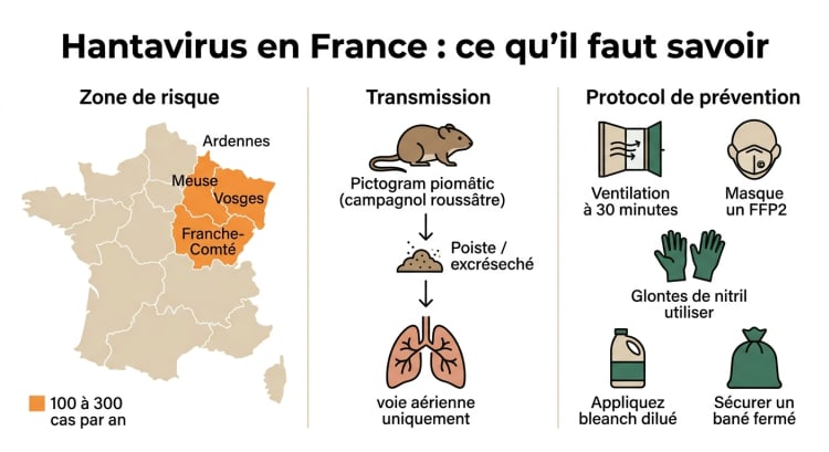 Carte de France indiquant les zones à risque hantavirus dans le quart nord-est (Ardennes, Franche-Comté, Vosges, Meuse), schéma de transmission par inhalation des poussières contaminées et chiffres clés : 100 à 300 cas par an, mortalité 0,5 à 1 %.