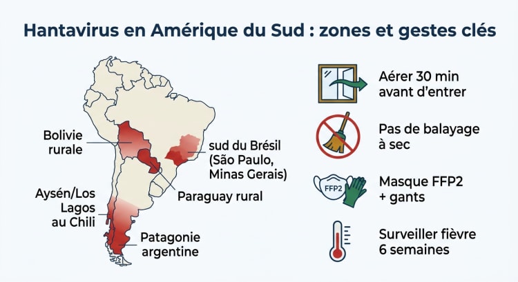 Infographie présentant les zones d'Amérique du Sud à risque hantavirus (Patagonie argentine, Aysén au Chili, sud du Brésil, Paraguay et Bolivie) et les 4 gestes clés de prévention pour les voyageurs : aérer, ne pas balayer à sec, porter masque et gants, surveiller la fièvre pendant 6 semaines au retour.
