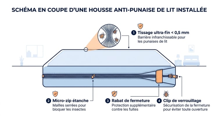 Schéma en coupe d'une housse anti-punaise de lit installée sur un matelas, avec les 4 caractéristiques techniques essentielles : tissage inférieur à 0,5 mm, micro-zip étanche, rabat de fermeture et clip de verrouillage en bout de zip