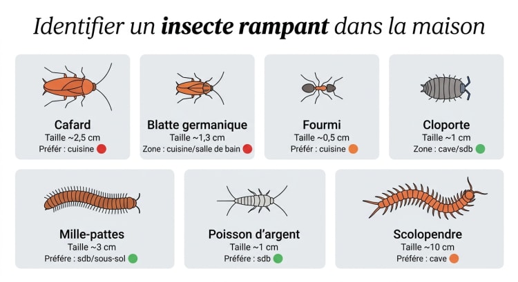 Tableau d'identification des 7 principaux insectes rampants trouvés dans les maisons françaises, avec taille, zone et niveau de danger