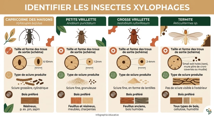 Infographie comparative des 4 principaux insectes xylophages en France : capricorne des maisons, petite vrillette, grosse vrillette et termite, avec la taille des trous de sortie, le type de sciure et le bois attaqué pour chacun