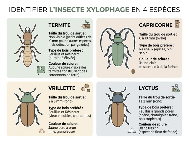 Infographie comparative des 4 principaux insectes xylophages en France : termite, capricorne, vrillette et lyctus, avec taille des trous, bois ciblés et couleur de la sciure