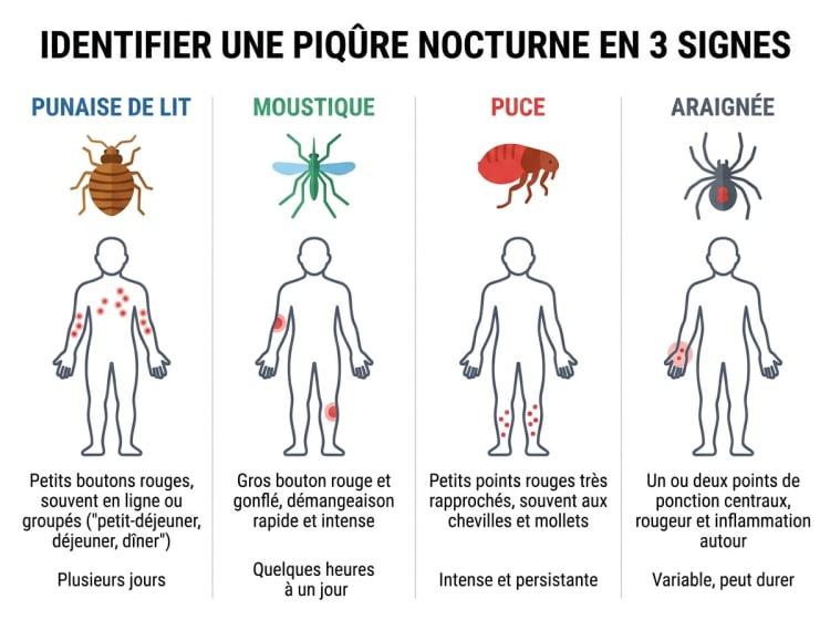Infographie comparative des 4 principaux insectes qui piquent la nuit : punaise de lit, moustique, puce et araignée, avec leur zone de piqûre préférée, l'aspect du bouton et la durée des démangeaisons.