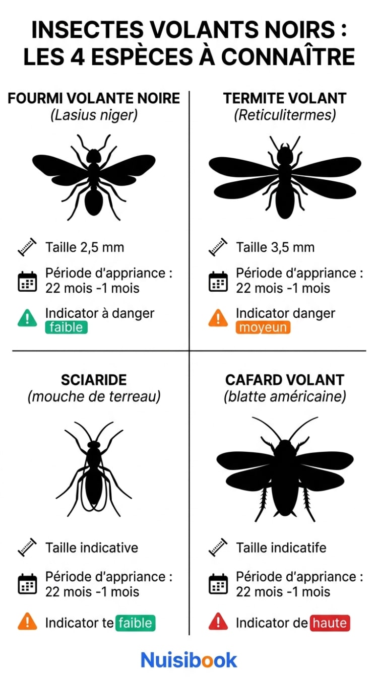 Infographie comparative des 4 principaux insectes volants noirs en France : fourmi volante, termite, sciaride et cafard volant, avec taille, période d'apparition et niveau de dangerosité.