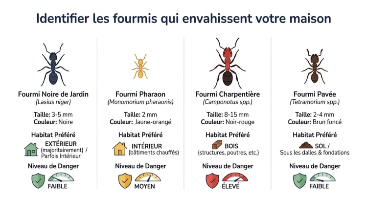 Infographie comparative des 4 espèces de fourmis les plus fréquentes en France avec taille, couleur, habitat et niveau de danger pour la maison