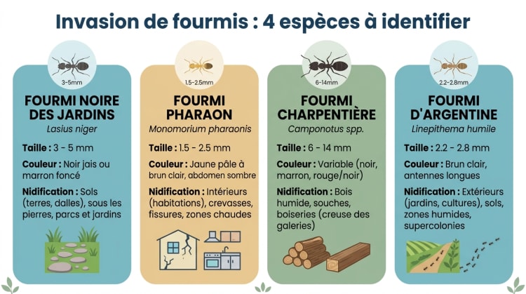 Infographie comparative des 4 espèces de fourmis les plus fréquentes dans les maisons françaises : fourmi noire des jardins, fourmi pharaon, fourmi charpentière et fourmi d'Argentine, avec leur taille, couleur et lieu de nidification