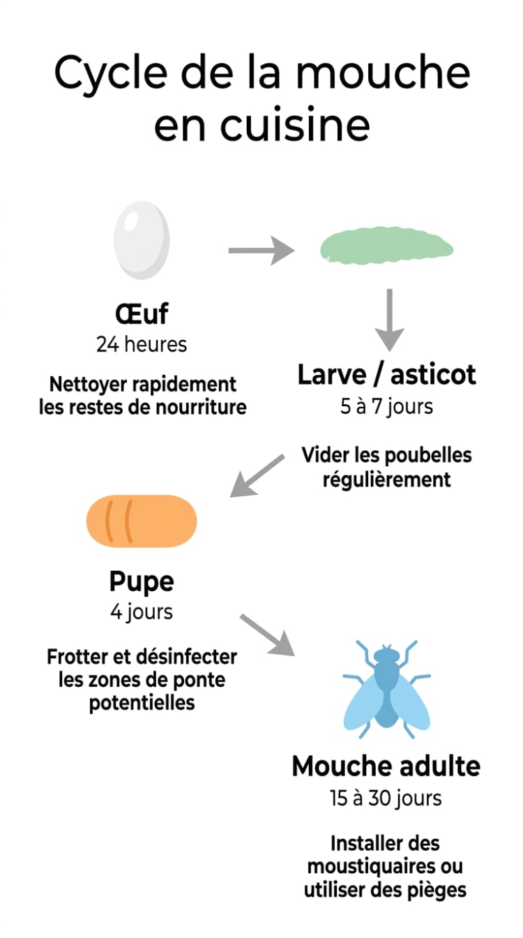 Infographie présentant les 4 étapes du cycle de vie d'une mouche en cuisine, de l'œuf à l'adulte, avec les durées de chaque stade et conseils d'intervention.