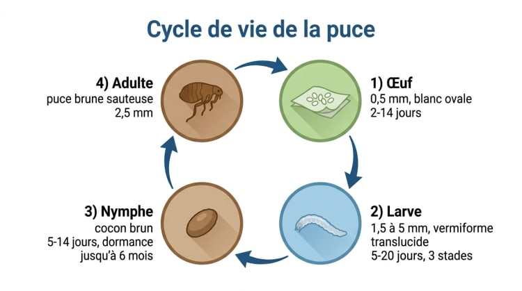 Infographie du cycle de vie de la puce en 4 étapes : œuf, larve, nymphe et adulte, avec durées de chaque stade et caractéristiques visuelles