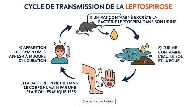 Infographie en 4 étapes montrant le cycle de transmission de la leptospirose : excrétion par le rat, contamination de l'environnement, pénétration par une plaie humaine et incubation de 4 à 14 jours.