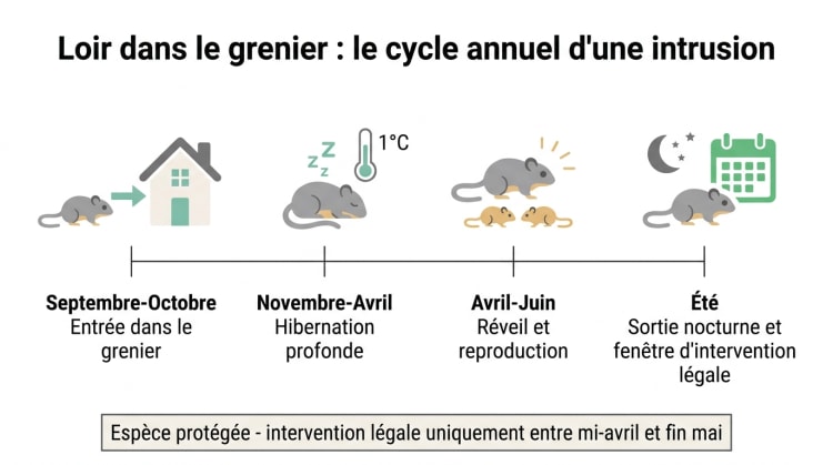 Infographie présentant le cycle annuel d'un loir dans le grenier en quatre phases : entrée en septembre-octobre, hibernation de novembre à avril, réveil et reproduction d'avril à juin, et fenêtre d'intervention légale entre mi-avril et fin mai.