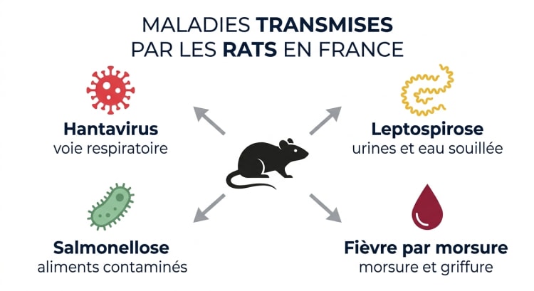 Infographie présentant les quatre principales maladies transmises par les rats en France (hantavirus, leptospirose, salmonellose, fièvre par morsure) avec leurs modes de transmission respectifs