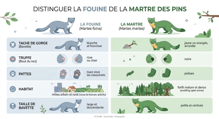 Tableau comparatif fouine vs martre : 5 critères morphologiques (bavette, truffe, pattes, habitat et taille) pour les distinguer facilement