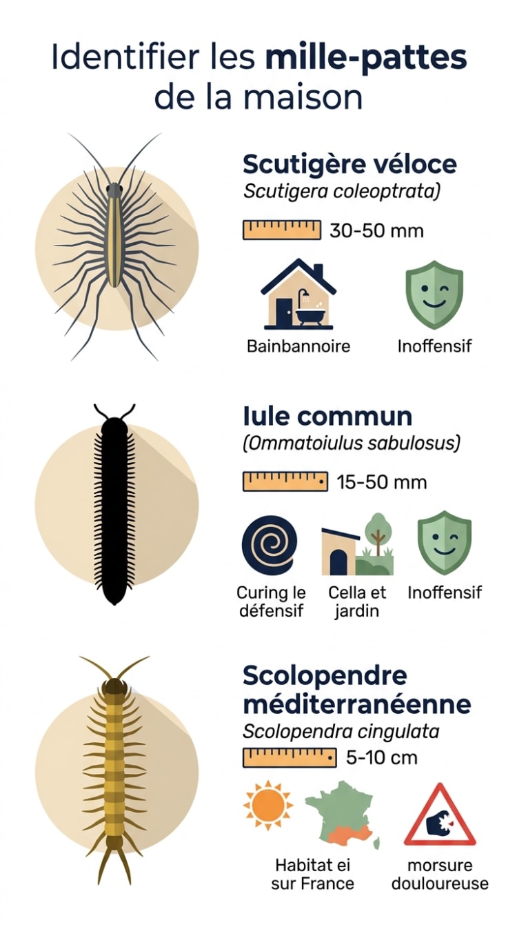 Infographie comparant trois espèces de mille-pattes en France : scutigère véloce, iule et scolopendre, avec leur taille, habitat préféré et niveau de dangerosité.