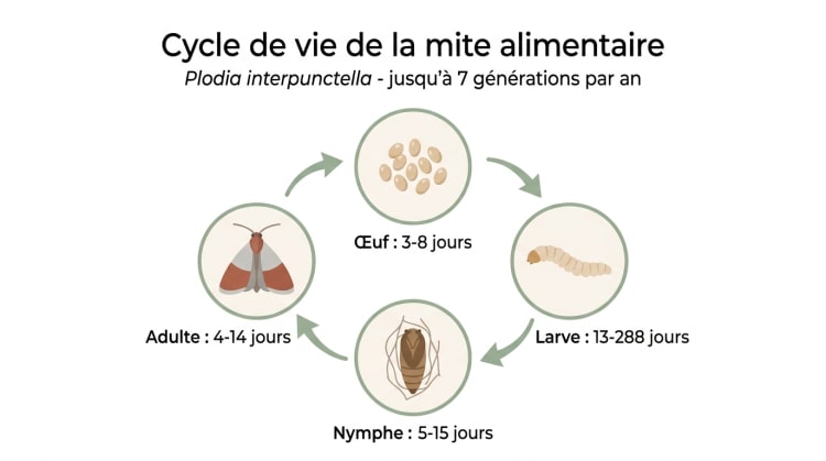 Infographie illustrant le cycle de vie en 4 étapes de la mite alimentaire (Plodia interpunctella) : œuf, larve, nymphe et adulte, avec les durées respectives de chaque stade en français