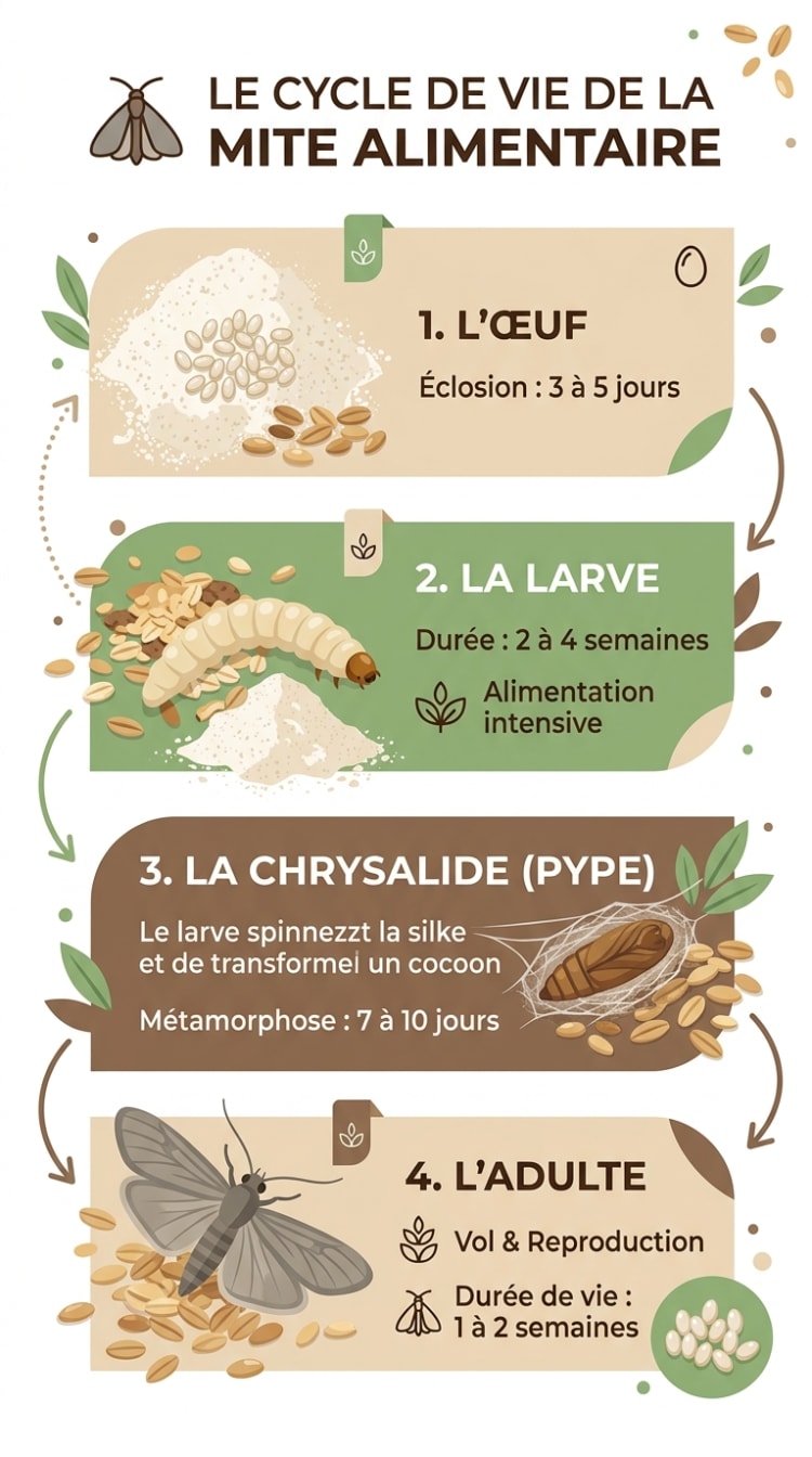 Infographie du cycle de vie de la mite alimentaire en 4 stades : œuf (3-8 jours), larve (2-6 semaines), chrysalide (7-14 jours) et papillon adulte (2 semaines)