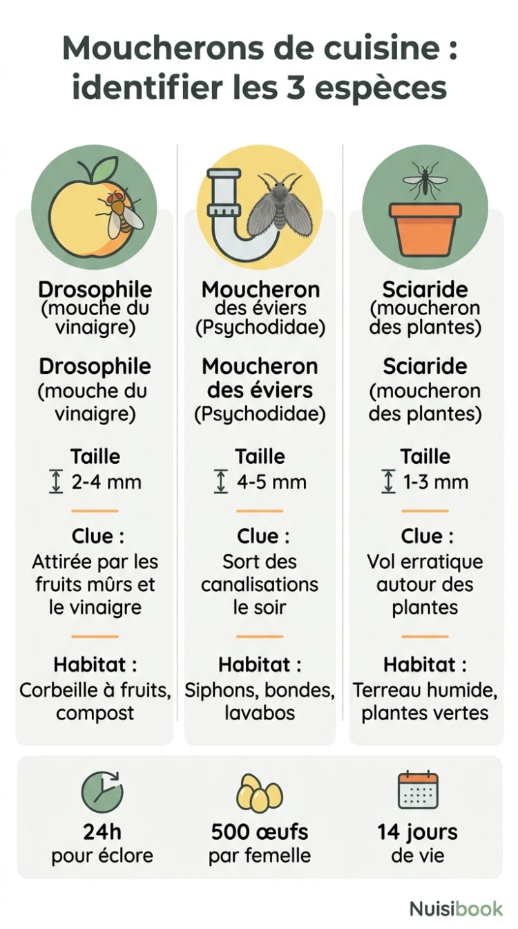 Infographie comparative des trois principales espèces de moucherons de cuisine en France : drosophile (mouche du vinaigre), moucheron des éviers (Psychodidae) et sciaride (moucheron des plantes), avec leur taille, leur habitat et leurs zones de ponte
