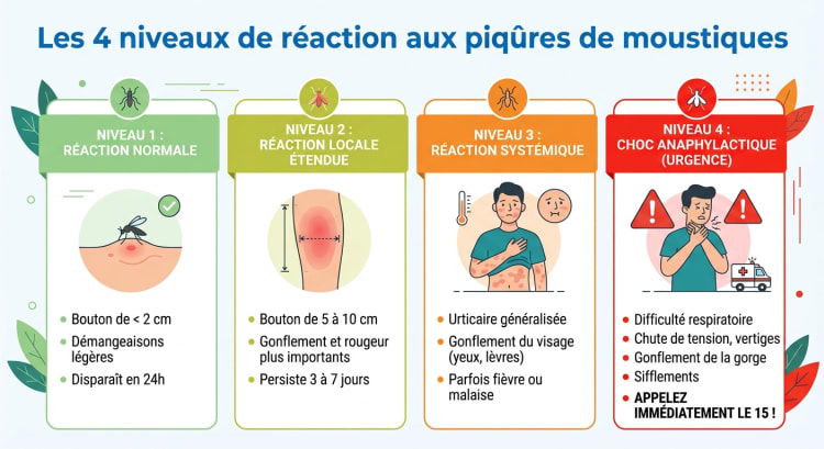 Infographie montrant les 4 niveaux de réaction allergique aux piqûres de moustiques : réaction normale, locale étendue, systémique et choc anaphylactique, avec symptômes et conduites à tenir pour chaque niveau