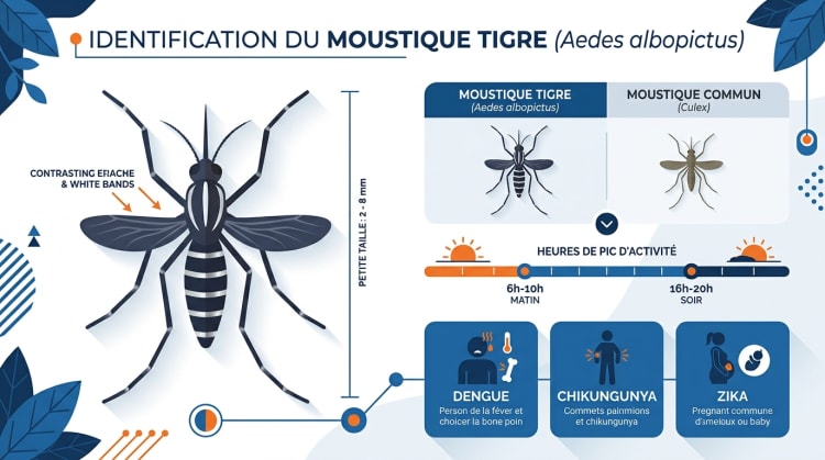 Infographie d'identification du moustique tigre Aedes albopictus : rayures noires et blanches, taille 2-8 mm, comportement diurne, comparaison avec le moustique commun et maladies transmises