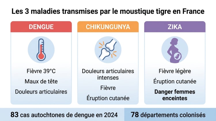 Infographie comparant les trois principales maladies transmises par le moustique tigre en France : dengue, chikungunya et Zika, avec leurs symptômes distinctifs et les chiffres clés 2024