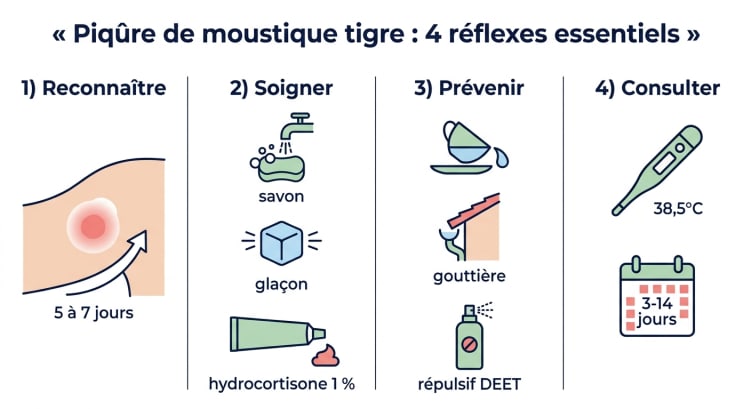 Infographie résumant les 4 réflexes face à une piqûre de moustique tigre : reconnaître le bouton, soigner avec froid et hydrocortisone, prévenir en supprimant les eaux stagnantes, consulter en cas de fièvre dans les 14 jours