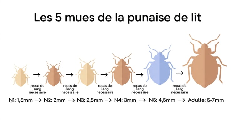 Infographie présentant les 5 stades nymphaux de la punaise de lit avec leurs tailles respectives (de 1,5 mm à 4,5 mm) et le passage à l'adulte (5-7 mm), illustrant le rôle du repas de sang entre chaque mue