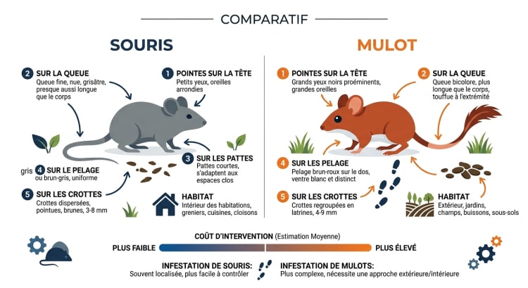 Infographie comparative souris domestique versus mulot sylvestre montrant les 6 critères de différenciation : queue, yeux, pattes, pelage, crottes et habitat