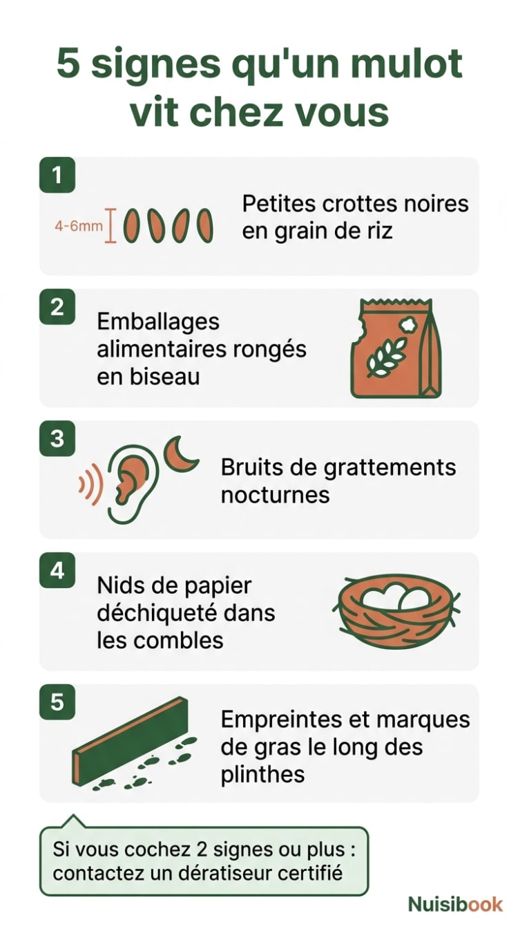 Infographie listant les 5 signes principaux d'une présence de mulots dans la maison : crottes en grain de riz, emballages rongés, grattements nocturnes, nids de papier, traces le long des plinthes