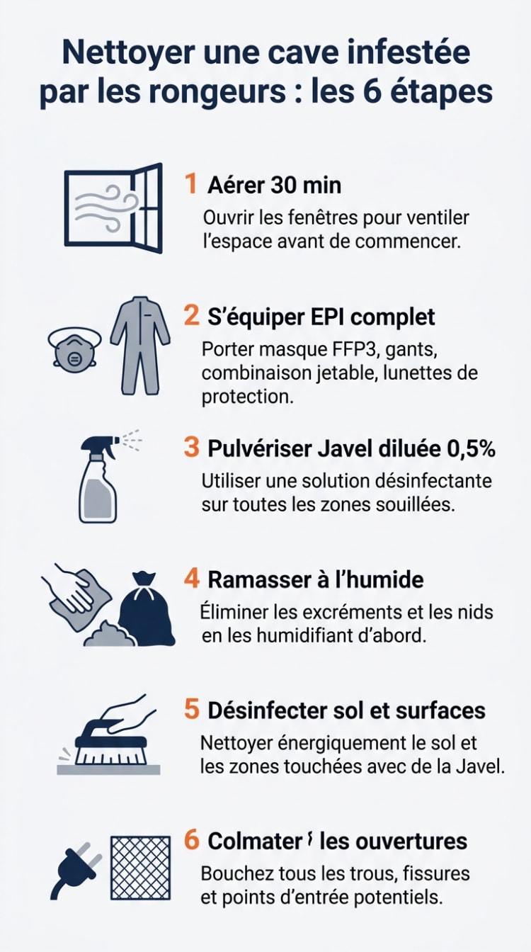 Infographie présentant les 6 étapes pour nettoyer une cave infestée par les rongeurs : aérer, s'équiper, pulvériser, ramasser, désinfecter et colmater
