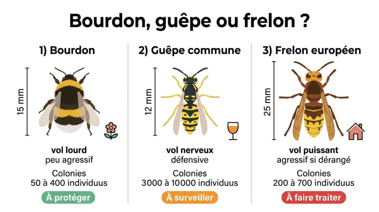 Infographie comparant bourdon, guêpe commune et frelon européen : morphologie, taille, comportement, taille de colonie et niveau de dangerosité