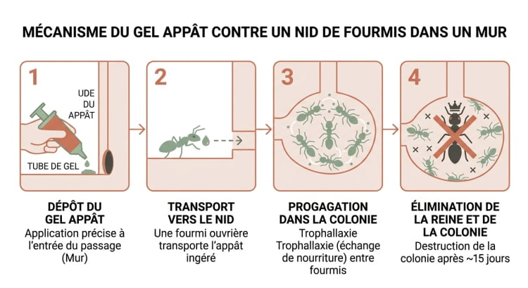 Schéma en 4 étapes du mécanisme d'action d'un gel appât pour éliminer un nid de fourmis dans un mur : application à l'entrée, transport par les ouvrières, contamination par trophallaxie, élimination de la reine en 10 à 21 jours
