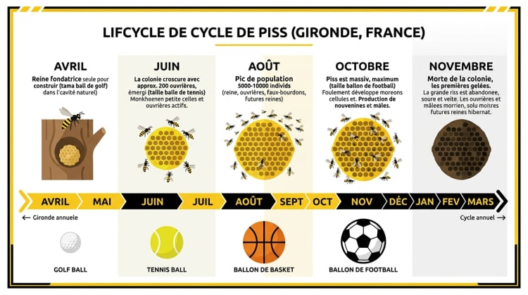 Schéma du cycle de vie d'un nid de guêpes en Gironde mois par mois, d'avril à novembre, avec évolution de la population et de la taille du nid