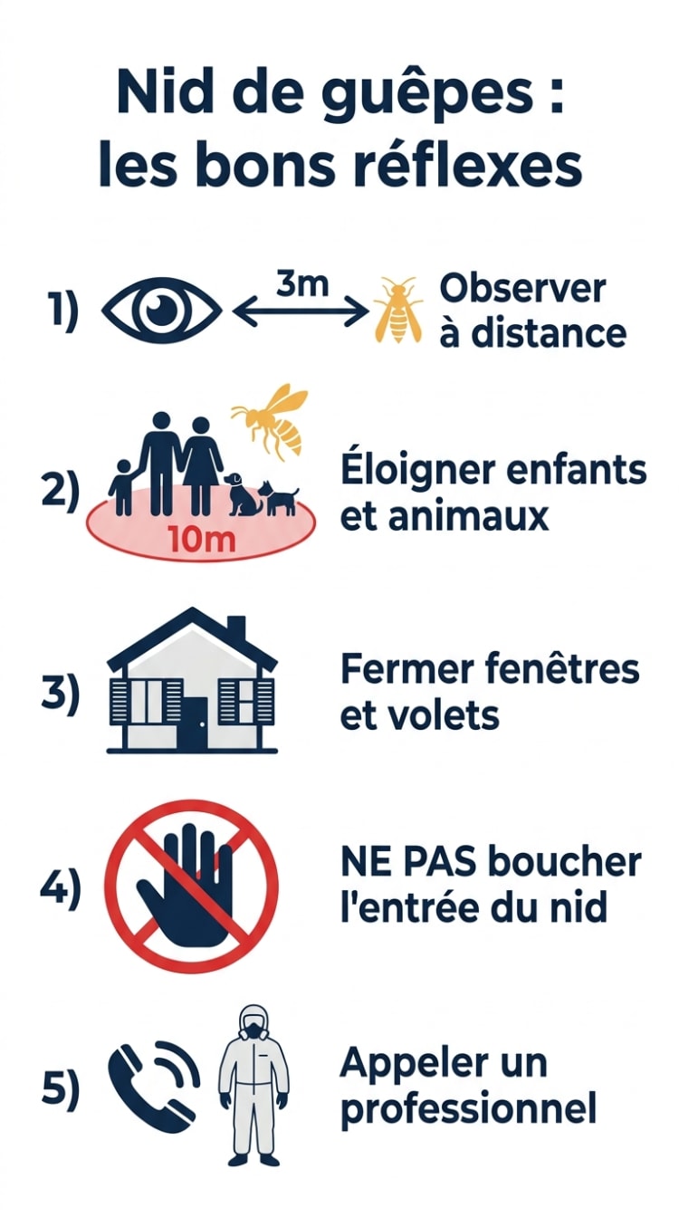 Infographie Nuisibook présentant les 5 bons réflexes à adopter face à un nid de guêpes : observer à distance, éloigner enfants et animaux, fermer les ouvertures, ne pas boucher l'entrée du nid, appeler un professionnel