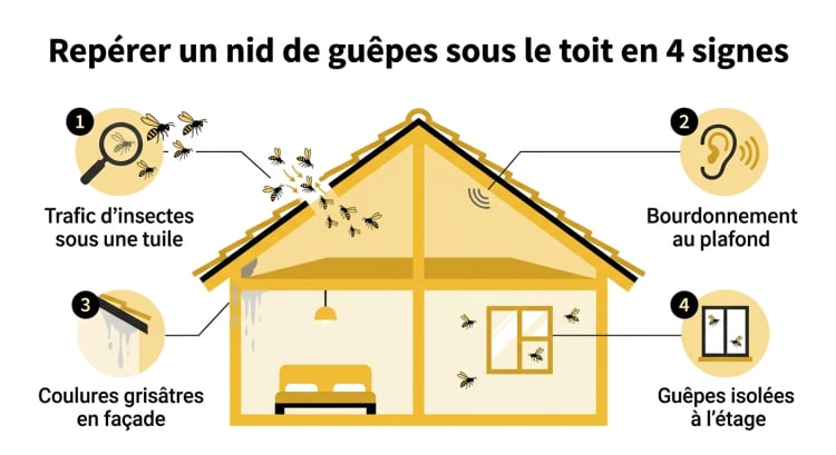 Infographie présentant les 4 signes pour repérer un nid de guêpes sous le toit : trafic d'insectes, bourdonnement au plafond, coulures en façade, guêpes isolées à l'étage