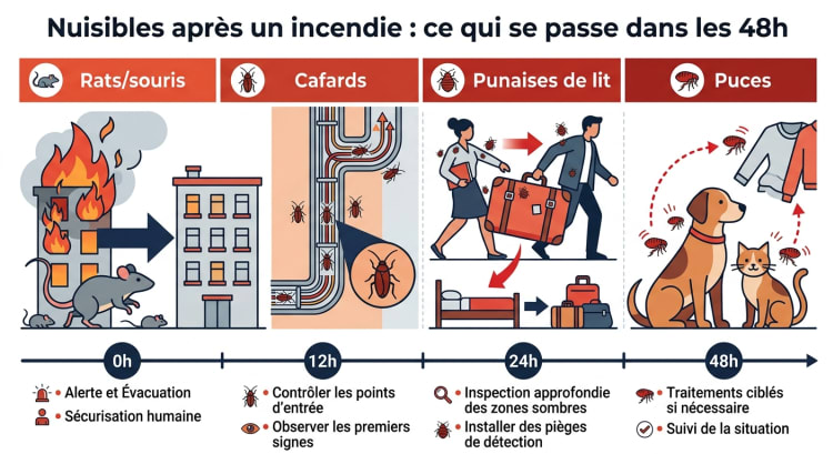 Infographie montrant la migration des 4 principaux nuisibles (rats, cafards, punaises de lit, puces) après un incendie avec la chronologie d'action dans les 48 premières heures