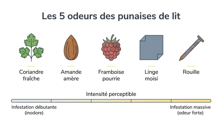 Infographie présentant les cinq odeurs associées aux punaises de lit (coriandre, amande amère, fruits rouges pourris, moisi sucré, rouille) avec une échelle d'intensité allant de l'infestation débutante inodore à l'infestation massive très odorante